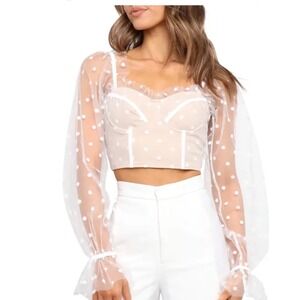 RNWY Sheer Polka Dot Lantern Sleeve Corset Crop Top Women's